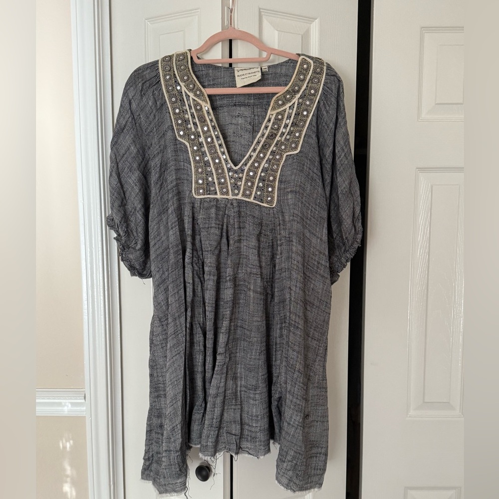 Muche et Muchette OS Chic Gray Tunic with Embellished Neckline